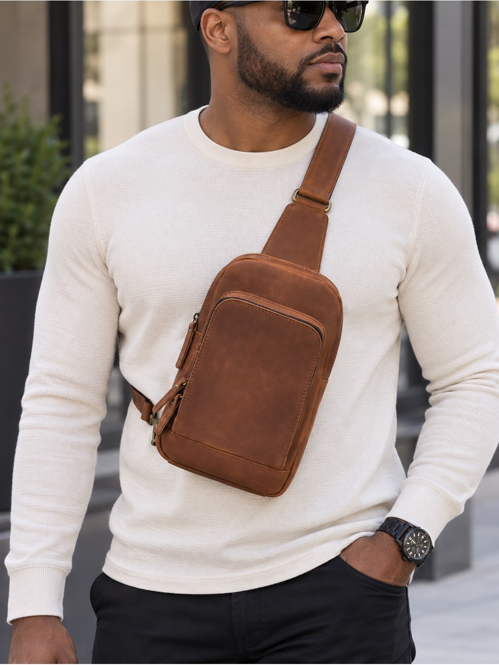 Men's Brown Cowhide Leather Crossbody Sling Bag - Casual Everyday Carry